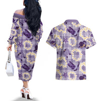 Aloha Hawaii Paniolo Lavender Palaka Couples Matching Off The Shoulder Long Sleeve Dress and Hawaiian Shirt Coastal Rodeo LT7 - Polynesian Pride