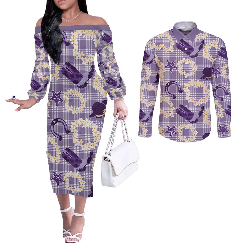 Aloha Hawaii Paniolo Lavender Palaka Couples Matching Off The Shoulder Long Sleeve Dress and Long Sleeve Button Shirt Coastal Rodeo - Polynesian Pride