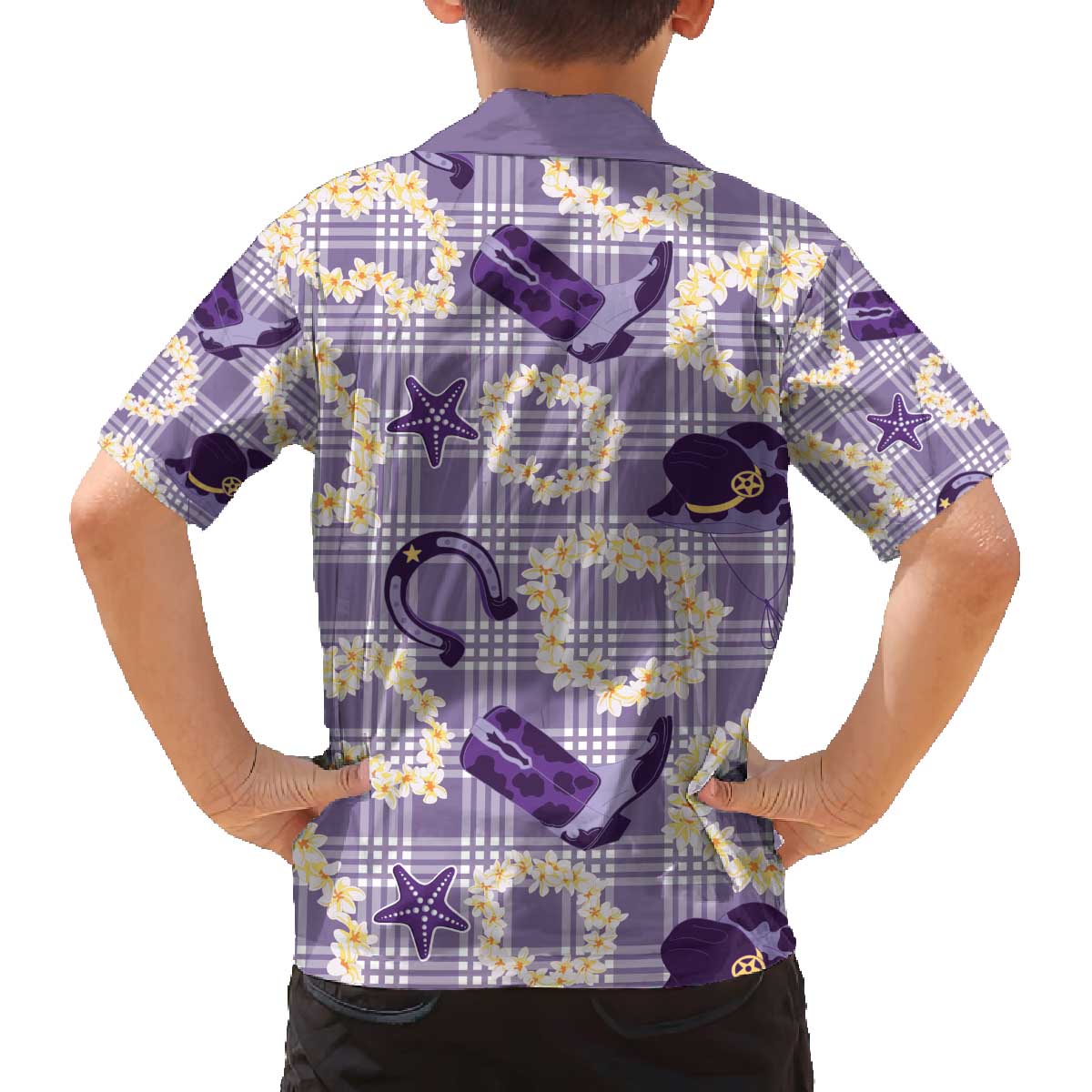 Aloha Hawaii Paniolo Lavender Palaka Family Matching Off The Shoulder Long Sleeve Dress and Hawaiian Shirt Coastal Rodeo LT7 - Polynesian Pride