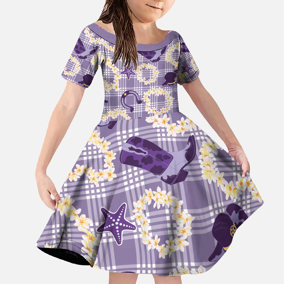 Aloha Hawaii Paniolo Lavender Palaka Family Matching Off The Shoulder Long Sleeve Dress and Hawaiian Shirt Coastal Rodeo LT7 Daughter's Dress Lavender - Polynesian Pride