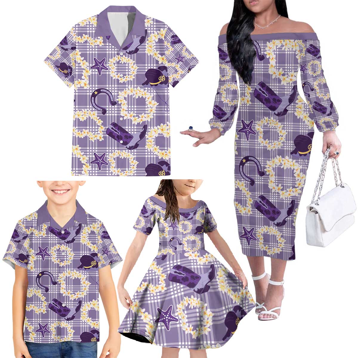 Aloha Hawaii Paniolo Lavender Palaka Family Matching Off The Shoulder Long Sleeve Dress and Hawaiian Shirt Coastal Rodeo LT7 - Polynesian Pride