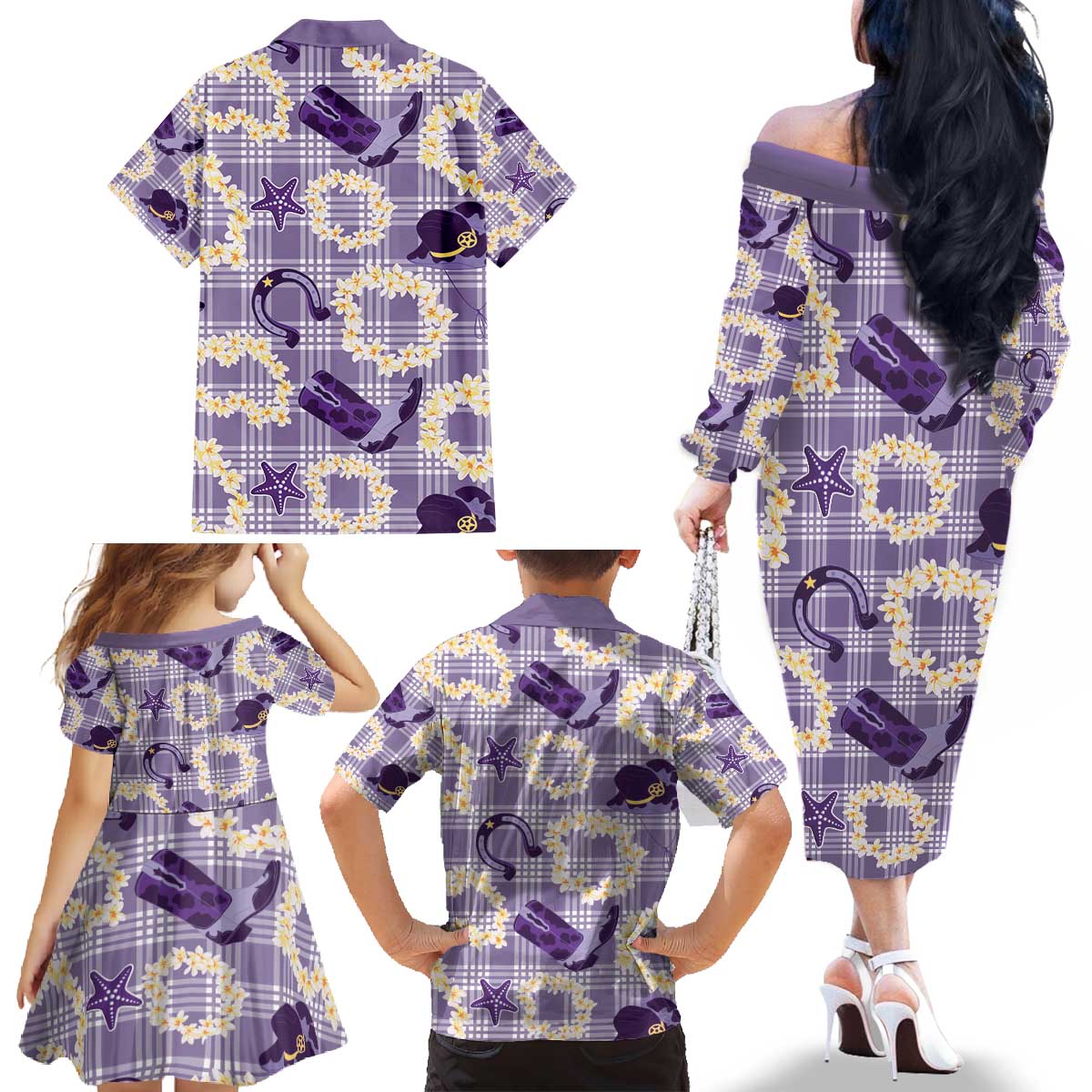 Aloha Hawaii Paniolo Lavender Palaka Family Matching Off The Shoulder Long Sleeve Dress and Hawaiian Shirt Coastal Rodeo LT7 - Polynesian Pride