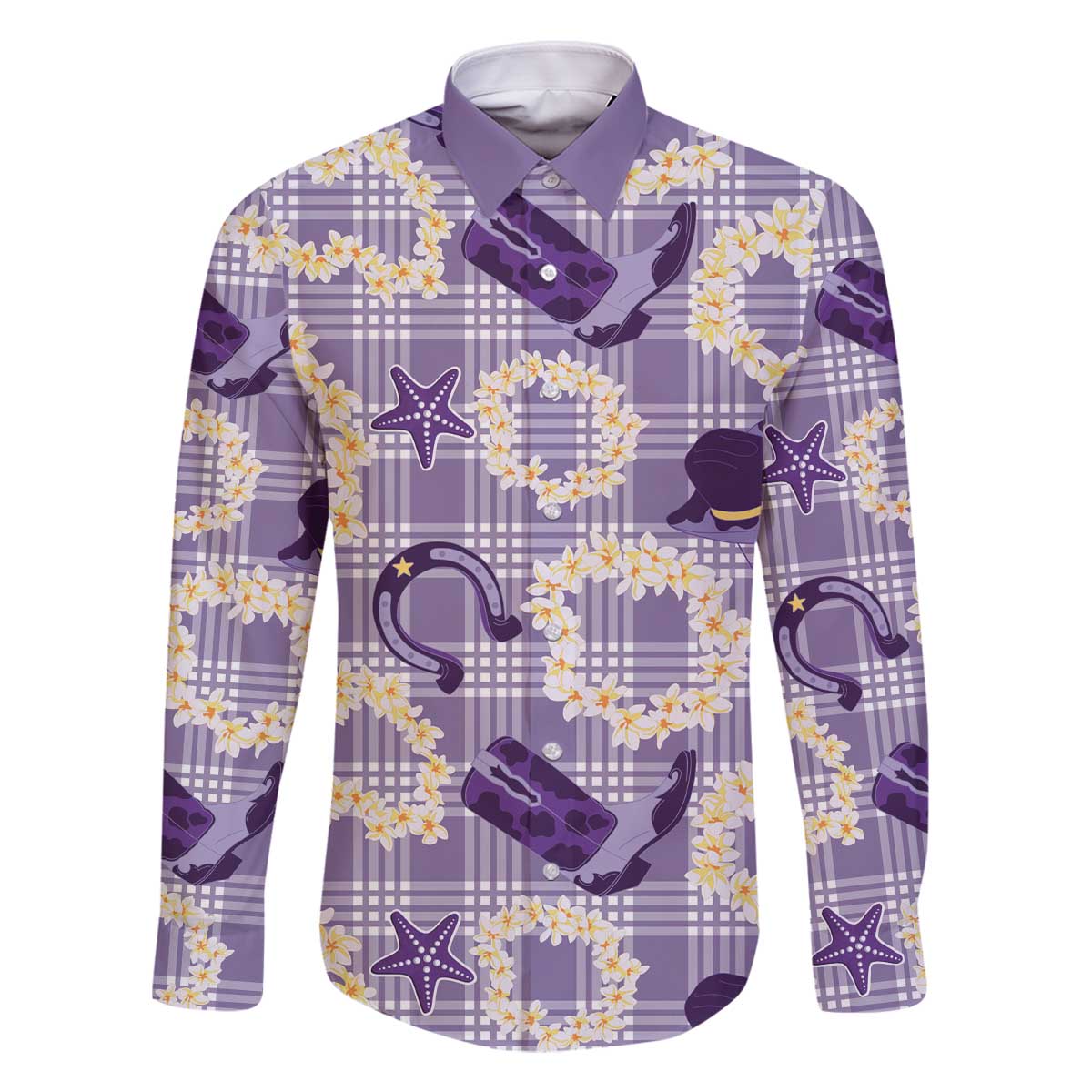 Aloha Hawaii Paniolo Lavender Palaka Family Matching Off The Shoulder Long Sleeve Dress and Hawaiian Shirt Coastal Rodeo LT7 Dad's Shirt - Long Sleeve Lavender - Polynesian Pride