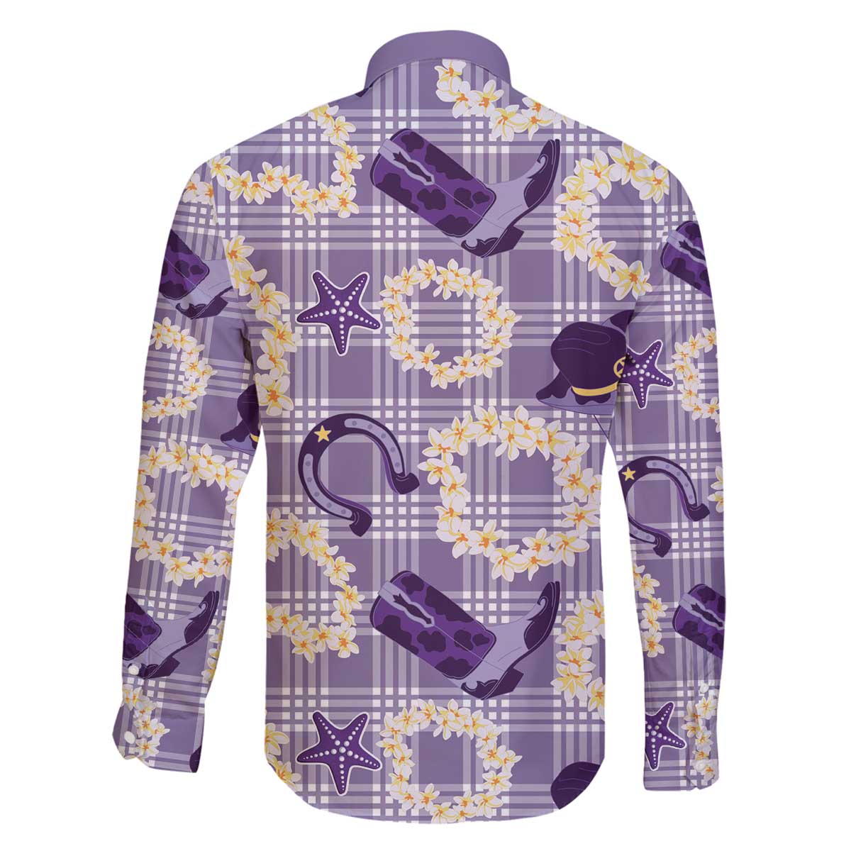 Aloha Hawaii Paniolo Lavender Palaka Family Matching Off The Shoulder Long Sleeve Dress and Hawaiian Shirt Coastal Rodeo LT7 - Polynesian Pride