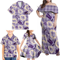 Aloha Hawaii Paniolo Lavender Palaka Family Matching Off Shoulder Maxi Dress and Hawaiian Shirt Coastal Rodeo LT7 - Polynesian Pride