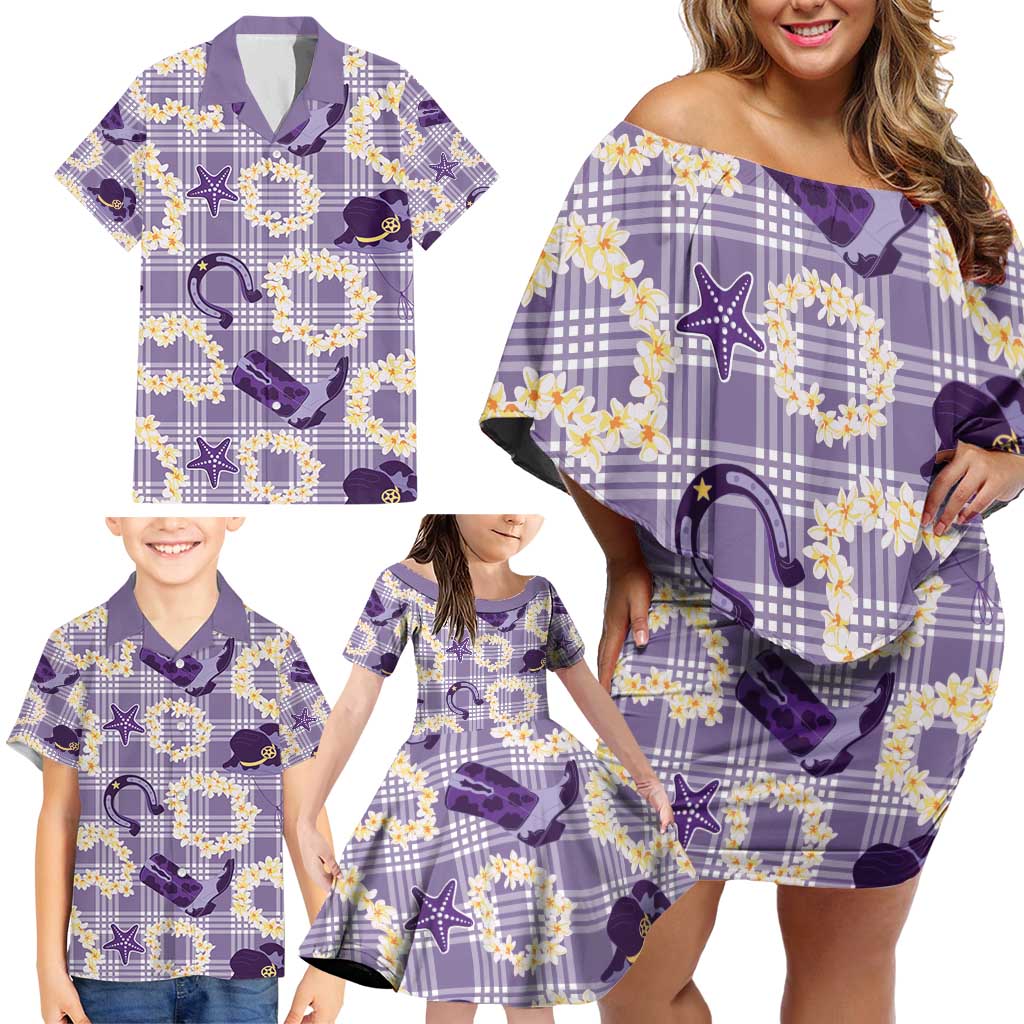 Aloha Hawaii Paniolo Lavender Palaka Family Matching Off Shoulder Short Dress and Hawaiian Shirt Coastal Rodeo LT7 - Polynesian Pride