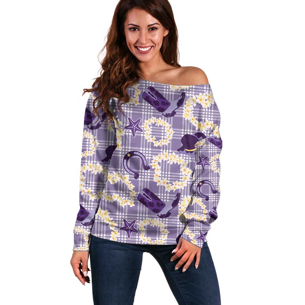 Aloha Hawaii Paniolo Lavender Palaka Off Shoulder Sweater Coastal Rodeo - Polynesian Pride