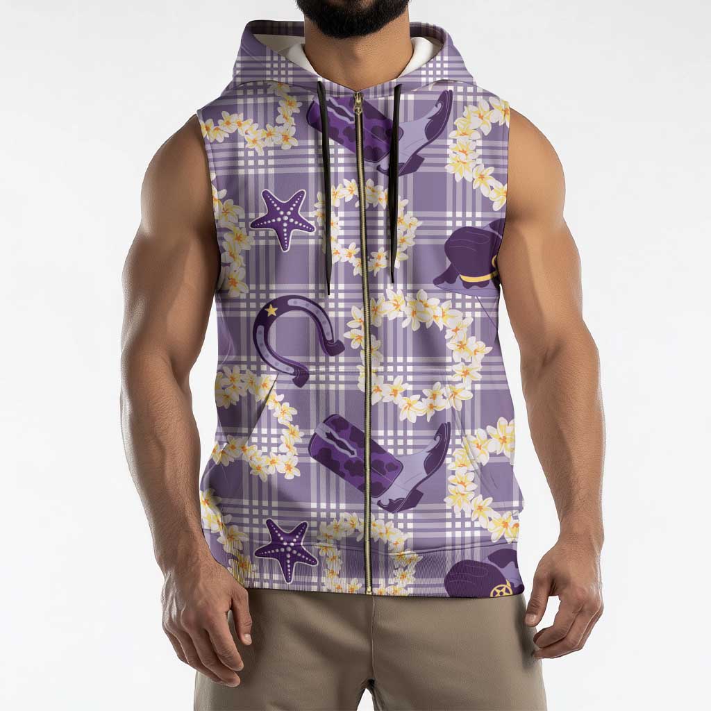 Aloha Hawaii Paniolo Lavender Palaka Sleeveless Zip Hoodie Coastal Rodeo - Polynesian Pride