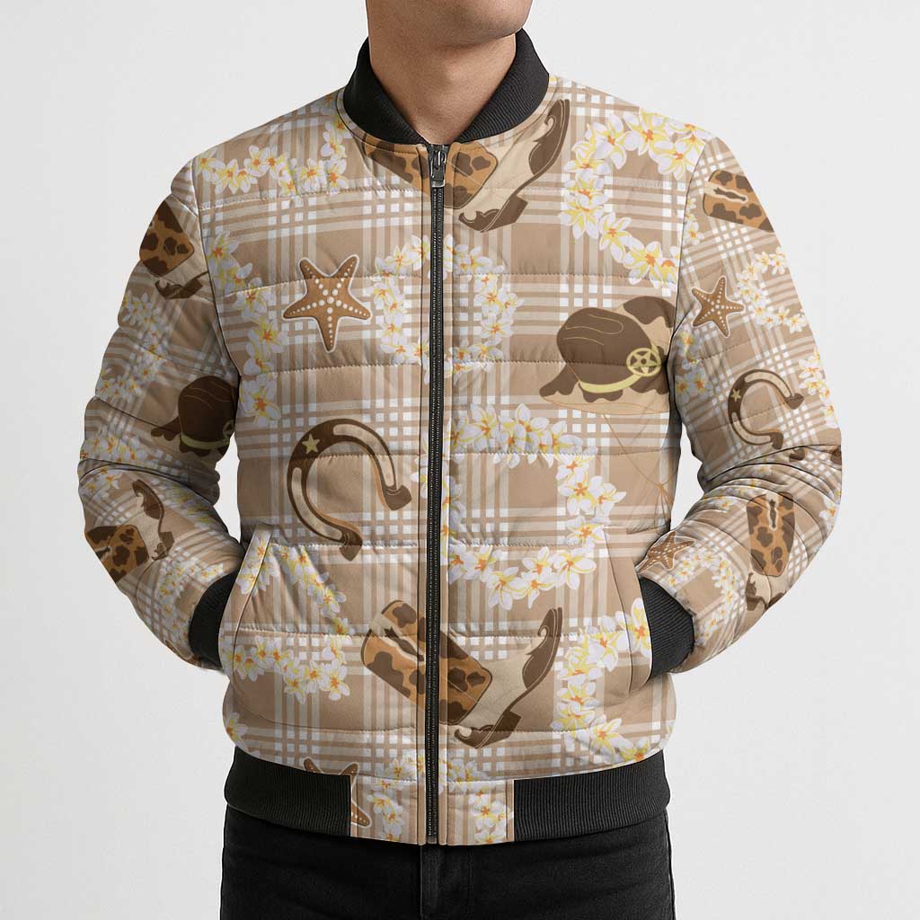 Aloha Hawaii Paniolo Khaki Palaka Bomber Puffer Jacket Coastal Rodeo - Polynesian Pride