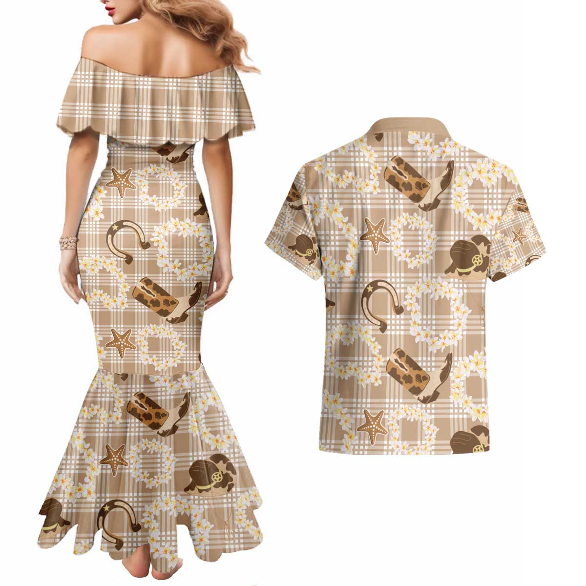 Aloha Hawaii Paniolo Khaki Palaka Couples Matching Mermaid Dress and Hawaiian Shirt Coastal Rodeo - Polynesian Pride