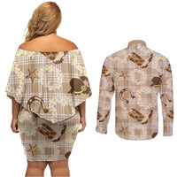 Aloha Hawaii Paniolo Khaki Palaka Couples Matching Off Shoulder Short Dress and Long Sleeve Button Shirt Coastal Rodeo - Polynesian Pride
