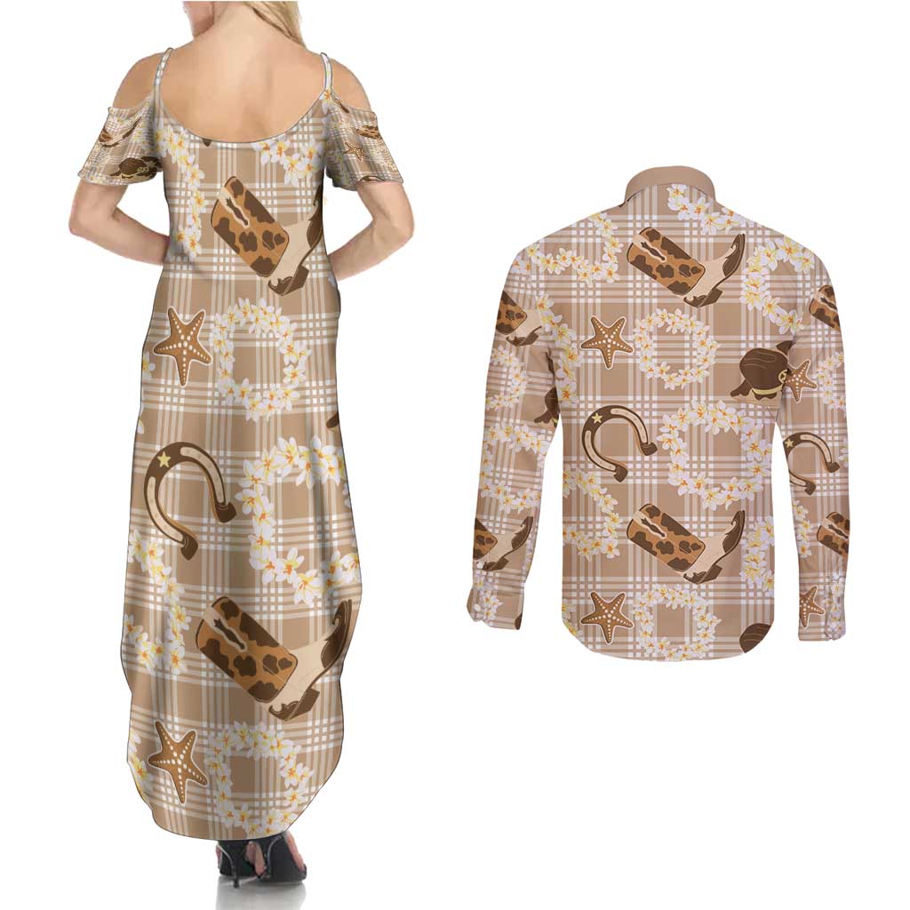 Aloha Hawaii Paniolo Khaki Palaka Couples Matching Summer Maxi Dress and Long Sleeve Button Shirt Coastal Rodeo - Polynesian Pride