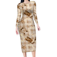 Aloha Hawaii Paniolo Khaki Palaka Family Matching Long Sleeve Bodycon Dress and Hawaiian Shirt Coastal Rodeo LT7 Mom's Dress Khaki - Polynesian Pride