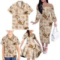 Aloha Hawaii Paniolo Khaki Palaka Family Matching Off The Shoulder Long Sleeve Dress and Hawaiian Shirt Coastal Rodeo LT7 - Polynesian Pride