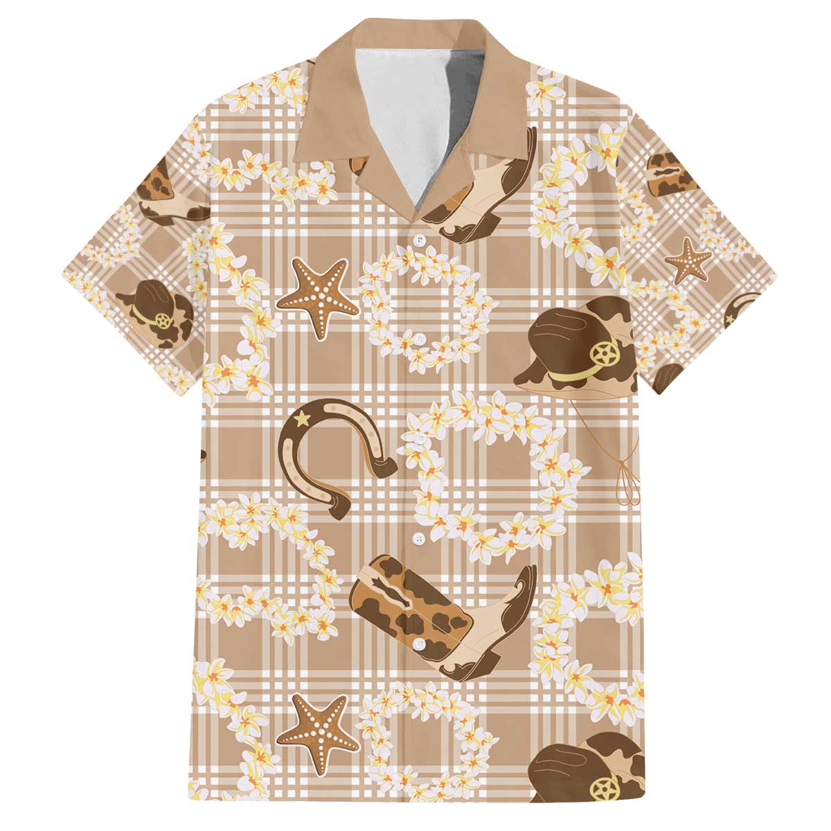 Aloha Hawaii Paniolo Khaki Palaka Family Matching Off The Shoulder Long Sleeve Dress and Hawaiian Shirt Coastal Rodeo LT7 Dad's Shirt - Short Sleeve Khaki - Polynesian Pride