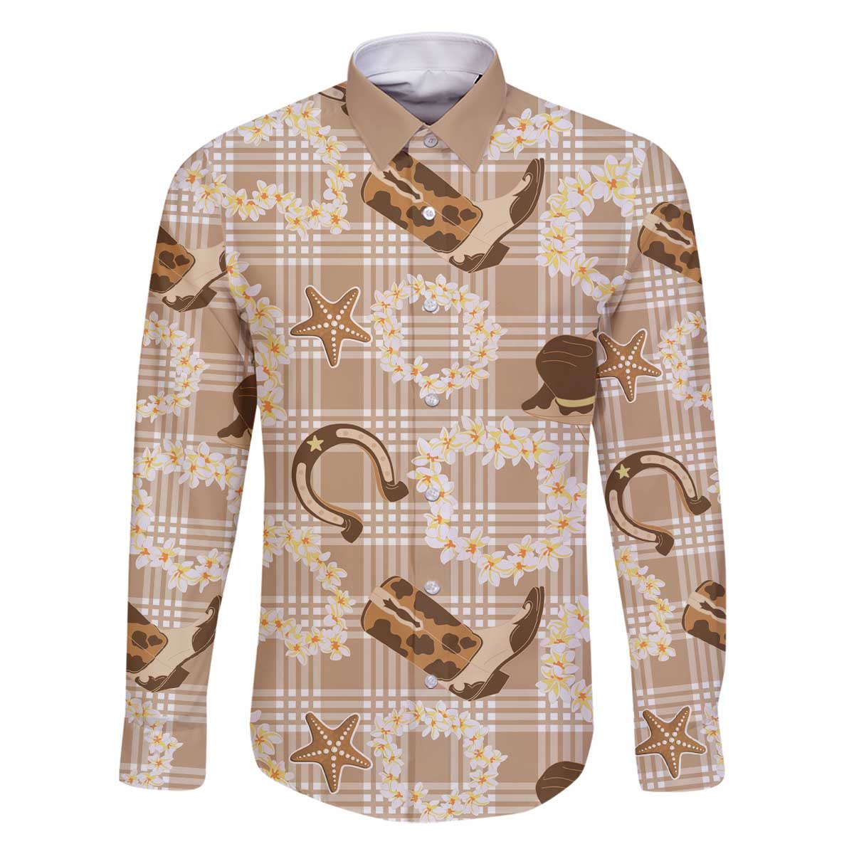 Aloha Hawaii Paniolo Khaki Palaka Family Matching Off The Shoulder Long Sleeve Dress and Hawaiian Shirt Coastal Rodeo LT7 Dad's Shirt - Long Sleeve Khaki - Polynesian Pride