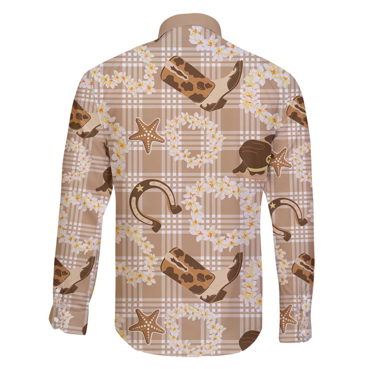 Aloha Hawaii Paniolo Khaki Palaka Family Matching Off The Shoulder Long Sleeve Dress and Hawaiian Shirt Coastal Rodeo LT7 - Polynesian Pride