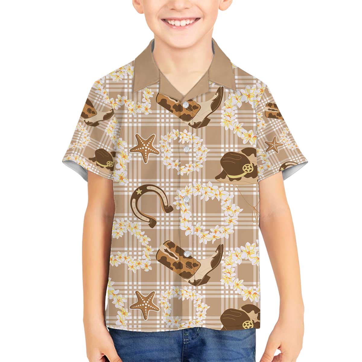 Aloha Hawaii Paniolo Khaki Palaka Family Matching Off The Shoulder Long Sleeve Dress and Hawaiian Shirt Coastal Rodeo LT7 Son's Shirt Khaki - Polynesian Pride