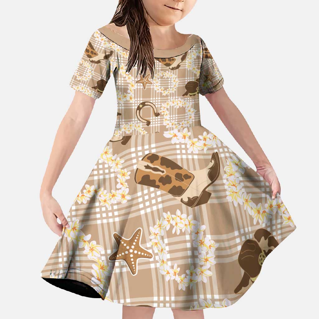 Aloha Hawaii Paniolo Khaki Palaka Family Matching Off Shoulder Maxi Dress and Hawaiian Shirt Coastal Rodeo LT7 Daughter's Dress Khaki - Polynesian Pride