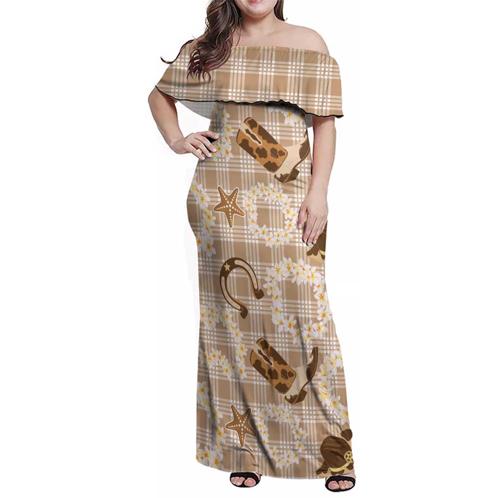 Aloha Hawaii Paniolo Khaki Palaka Family Matching Off Shoulder Maxi Dress and Hawaiian Shirt Coastal Rodeo LT7 Mom's Dress Khaki - Polynesian Pride