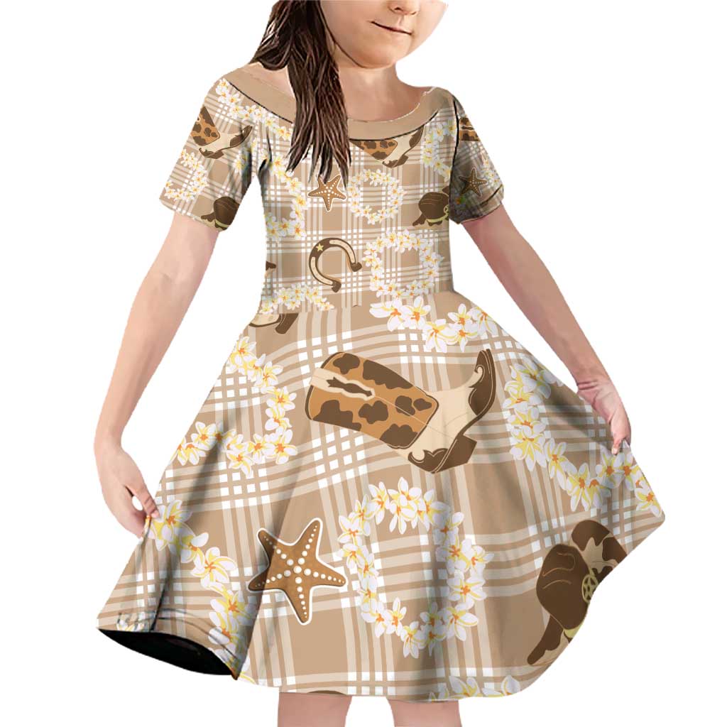 Aloha Hawaii Paniolo Khaki Palaka Family Matching Off Shoulder Short Dress and Hawaiian Shirt Coastal Rodeo LT7 Daughter's Dress Khaki - Polynesian Pride