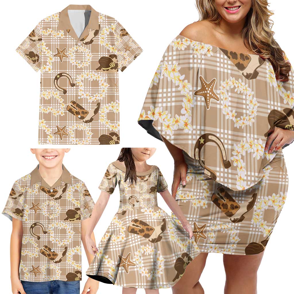 Aloha Hawaii Paniolo Khaki Palaka Family Matching Off Shoulder Short Dress and Hawaiian Shirt Coastal Rodeo LT7 - Polynesian Pride