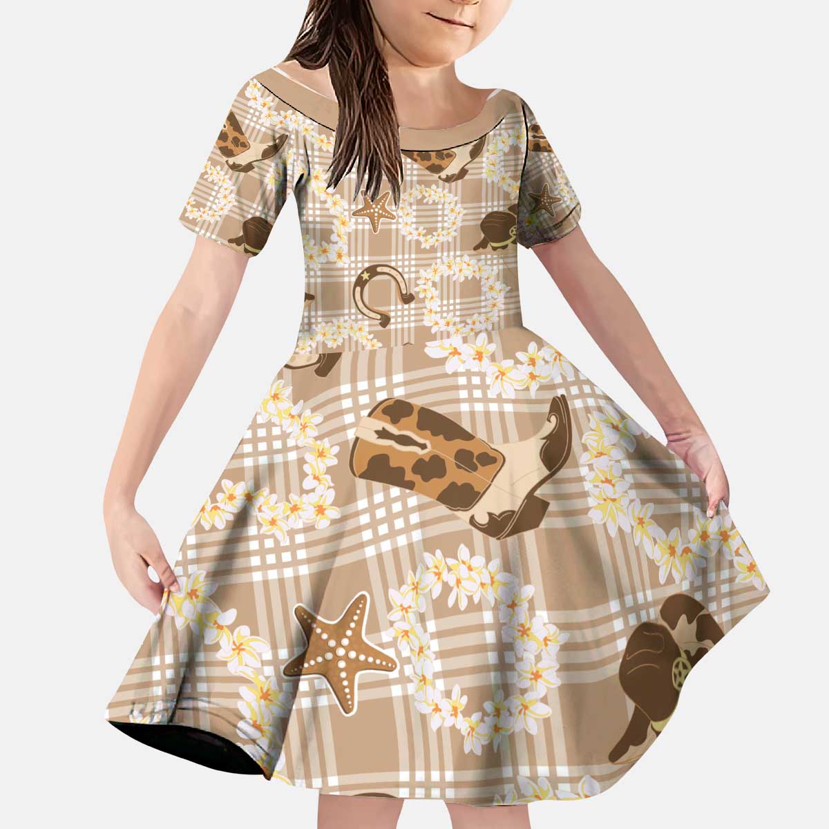 Aloha Hawaii Paniolo Khaki Palaka Kid Short Sleeve Dress Coastal Rodeo - Polynesian Pride