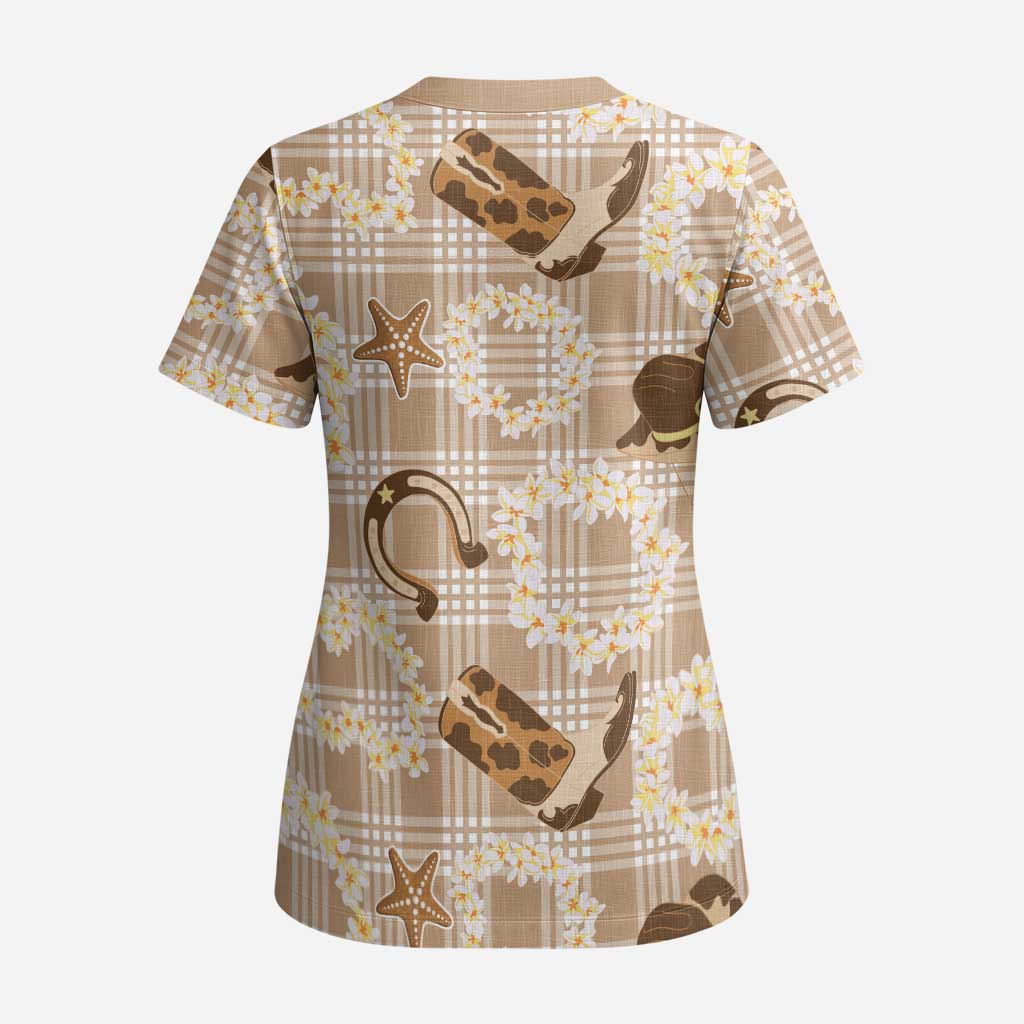 Aloha Hawaii Paniolo Khaki Palaka Scrub Top Coastal Rodeo - Polynesian Pride