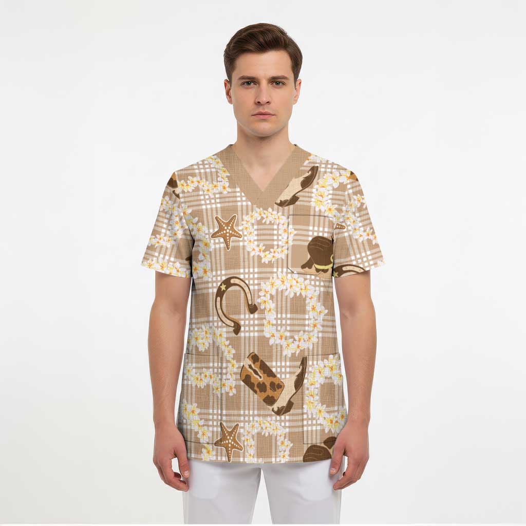 Aloha Hawaii Paniolo Khaki Palaka Scrub Top Coastal Rodeo - Polynesian Pride