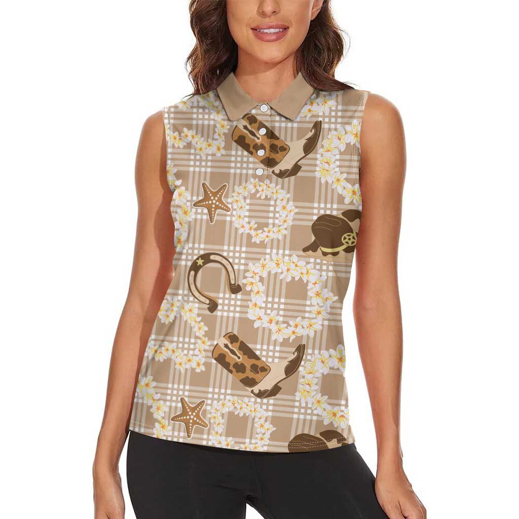 Aloha Hawaii Paniolo Khaki Palaka Women Sleeveless Polo Shirt Coastal Rodeo - Polynesian Pride