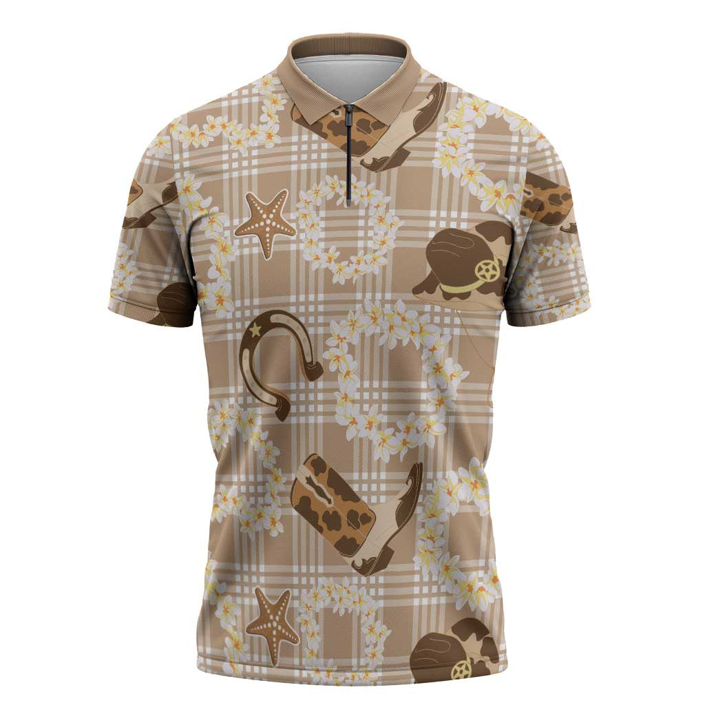 Aloha Hawaii Paniolo Khaki Palaka Zipper Polo Shirt Coastal Rodeo - Polynesian Pride