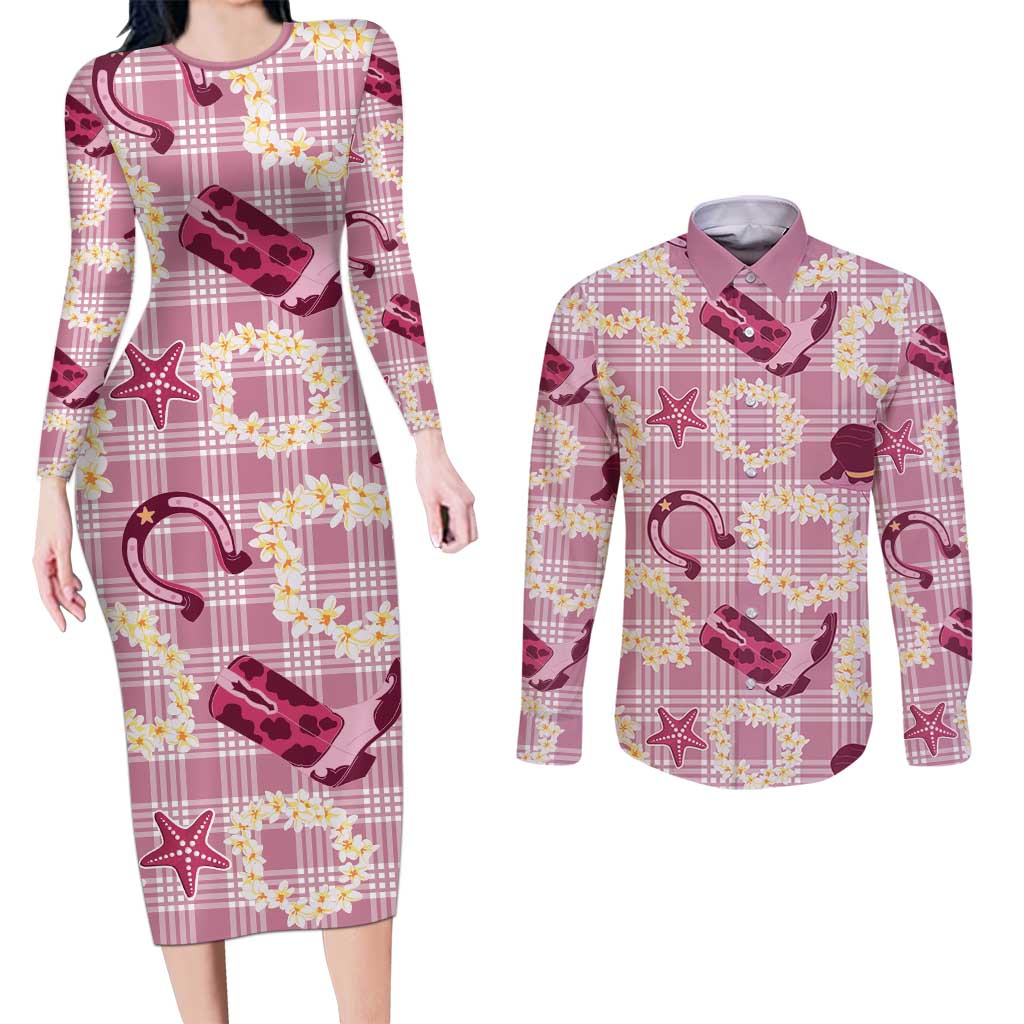 Aloha Hawaii Paniolo Lokelani Rose Palaka Couples Matching Long Sleeve Bodycon Dress and Long Sleeve Button Shirt Coastal Rodeo - Polynesian Pride