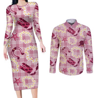 Aloha Hawaii Paniolo Lokelani Rose Palaka Couples Matching Long Sleeve Bodycon Dress and Long Sleeve Button Shirt Coastal Rodeo - Polynesian Pride