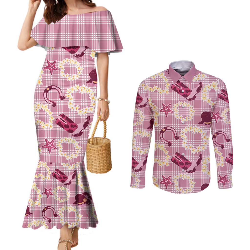 Aloha Hawaii Paniolo Lokelani Rose Palaka Couples Matching Mermaid Dress and Long Sleeve Button Shirt Coastal Rodeo - Polynesian Pride