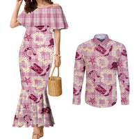 Aloha Hawaii Paniolo Lokelani Rose Palaka Couples Matching Mermaid Dress and Long Sleeve Button Shirt Coastal Rodeo - Polynesian Pride
