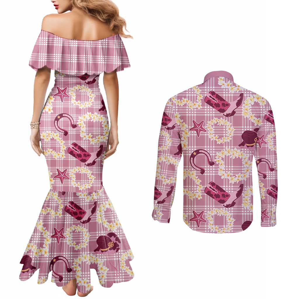 Aloha Hawaii Paniolo Lokelani Rose Palaka Couples Matching Mermaid Dress and Long Sleeve Button Shirt Coastal Rodeo - Polynesian Pride