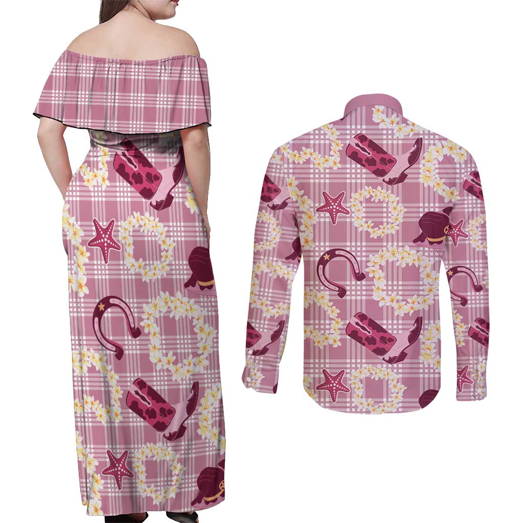 Aloha Hawaii Paniolo Lokelani Rose Palaka Couples Matching Off Shoulder Maxi Dress and Long Sleeve Button Shirt Coastal Rodeo - Polynesian Pride