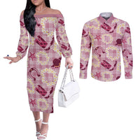 Aloha Hawaii Paniolo Lokelani Rose Palaka Couples Matching Off The Shoulder Long Sleeve Dress and Long Sleeve Button Shirt Coastal Rodeo LT7 Rose Pink - Polynesian Pride