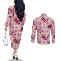 Aloha Hawaii Paniolo Lokelani Rose Palaka Couples Matching Off The Shoulder Long Sleeve Dress and Long Sleeve Button Shirt Coastal Rodeo LT7 - Polynesian Pride