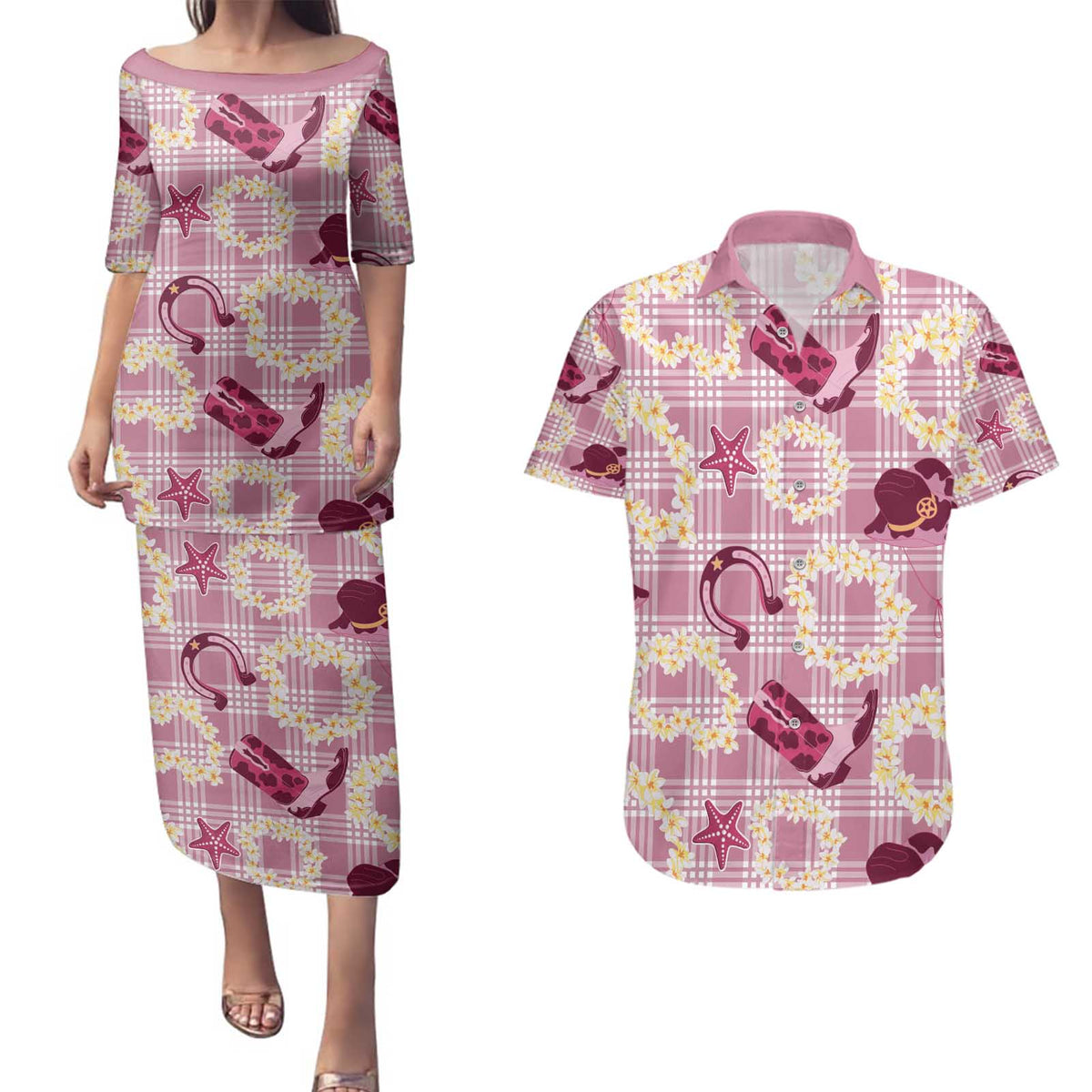 Aloha Hawaii Paniolo Lokelani Rose Palaka Couples Matching Puletasi and Hawaiian Shirt Coastal Rodeo - Polynesian Pride
