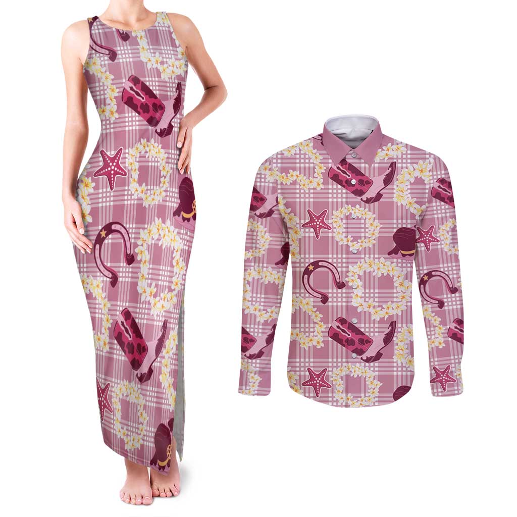Aloha Hawaii Paniolo Lokelani Rose Palaka Couples Matching Tank Maxi Dress and Long Sleeve Button Shirt Coastal Rodeo LT7 Rose Pink - Polynesian Pride