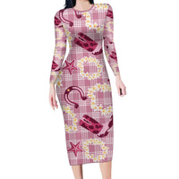 Aloha Hawaii Paniolo Lokelani Rose Palaka Family Matching Long Sleeve Bodycon Dress and Hawaiian Shirt Coastal Rodeo LT7 Mom's Dress Rose Pink - Polynesian Pride