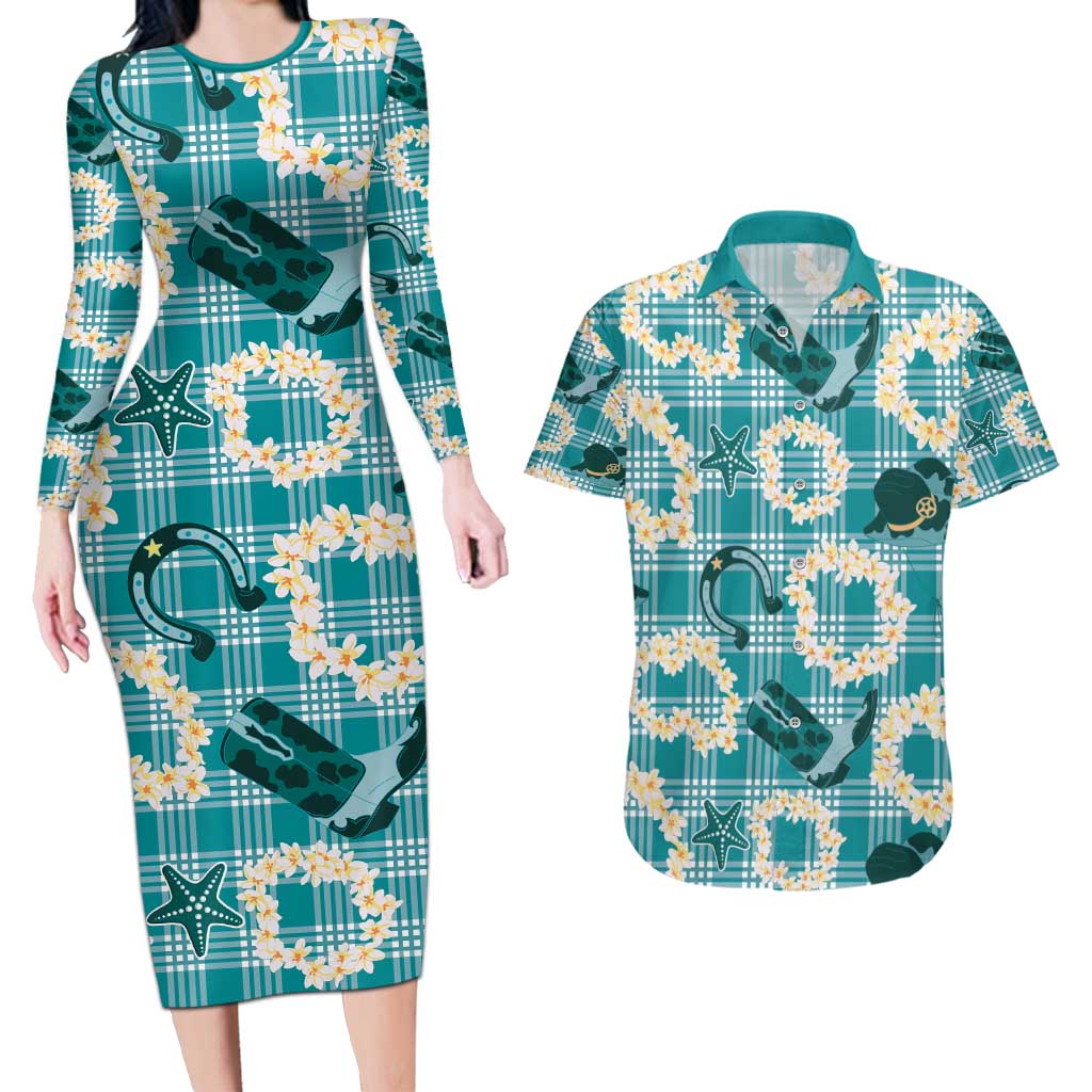 Aloha Hawaii Paniolo Teal Palaka Couples Matching Long Sleeve Bodycon Dress and Hawaiian Shirt Coastal Rodeo - Polynesian Pride