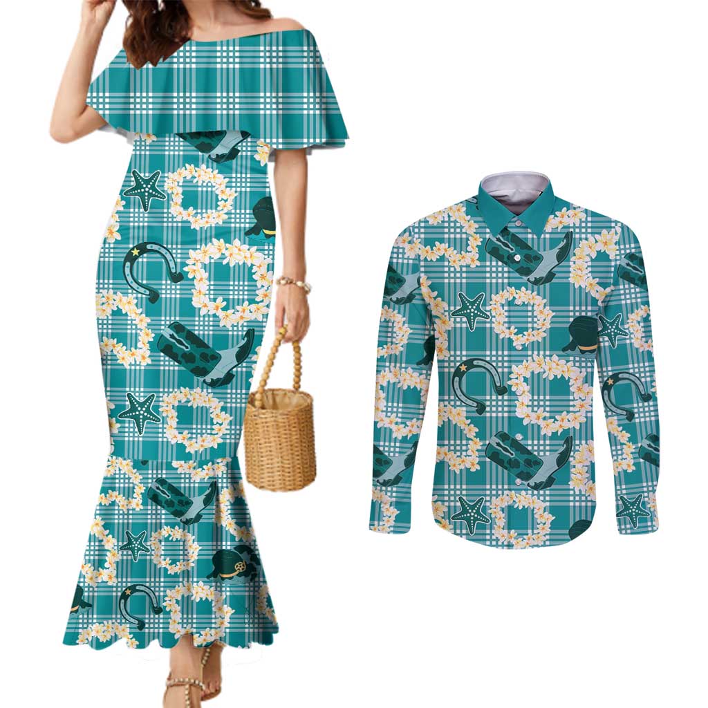 Aloha Hawaii Paniolo Teal Palaka Couples Matching Mermaid Dress and Long Sleeve Button Shirt Coastal Rodeo - Polynesian Pride