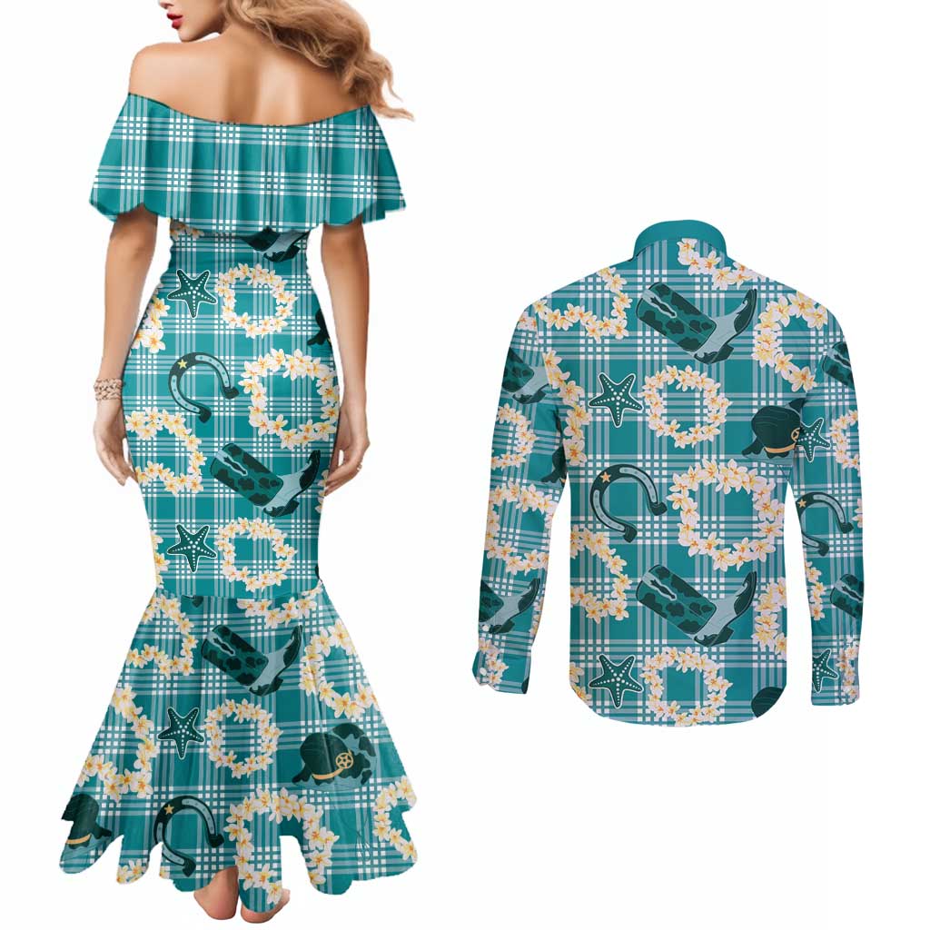 Aloha Hawaii Paniolo Teal Palaka Couples Matching Mermaid Dress and Long Sleeve Button Shirt Coastal Rodeo - Polynesian Pride