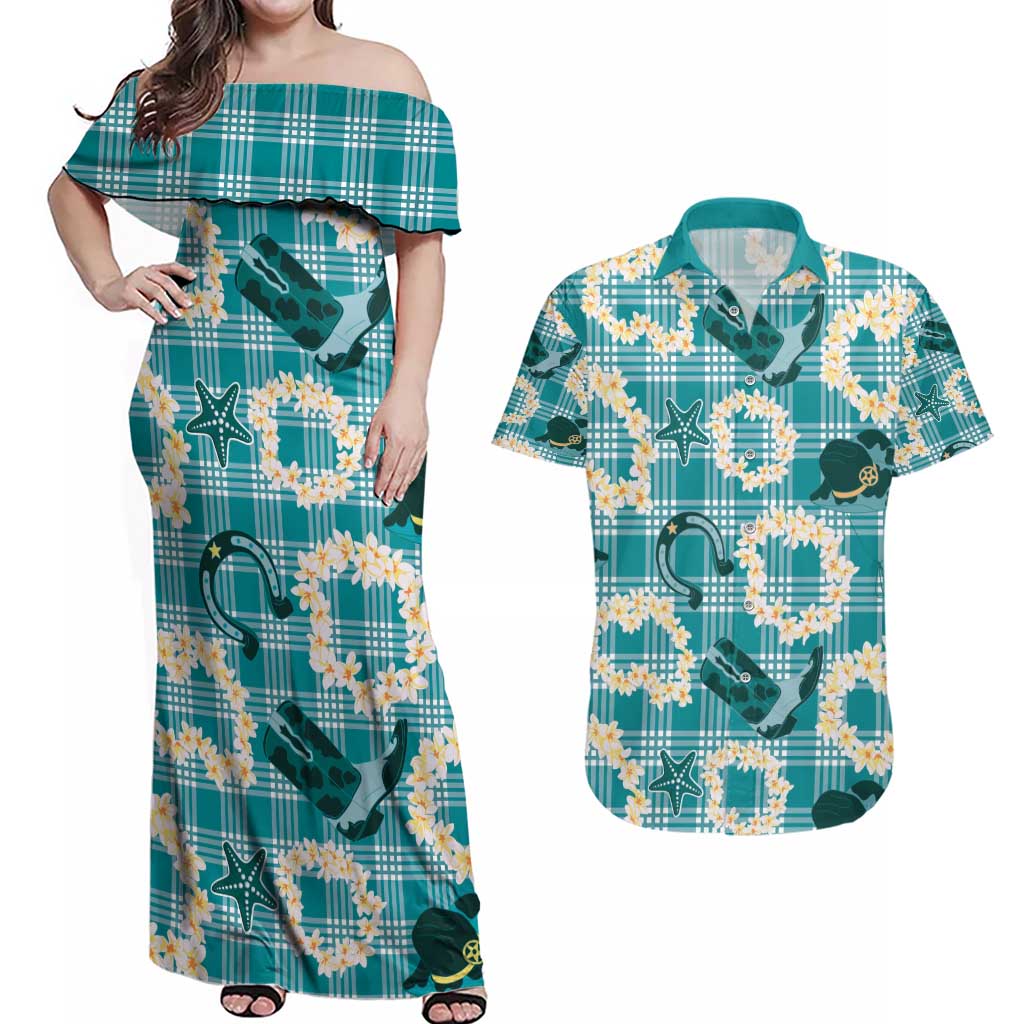 Aloha Hawaii Paniolo Teal Palaka Couples Matching Off Shoulder Maxi Dress and Hawaiian Shirt Coastal Rodeo LT7 Teal - Polynesian Pride
