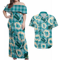 Aloha Hawaii Paniolo Teal Palaka Couples Matching Off Shoulder Maxi Dress and Hawaiian Shirt Coastal Rodeo LT7 Teal - Polynesian Pride
