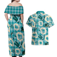 Aloha Hawaii Paniolo Teal Palaka Couples Matching Off Shoulder Maxi Dress and Hawaiian Shirt Coastal Rodeo LT7 - Polynesian Pride