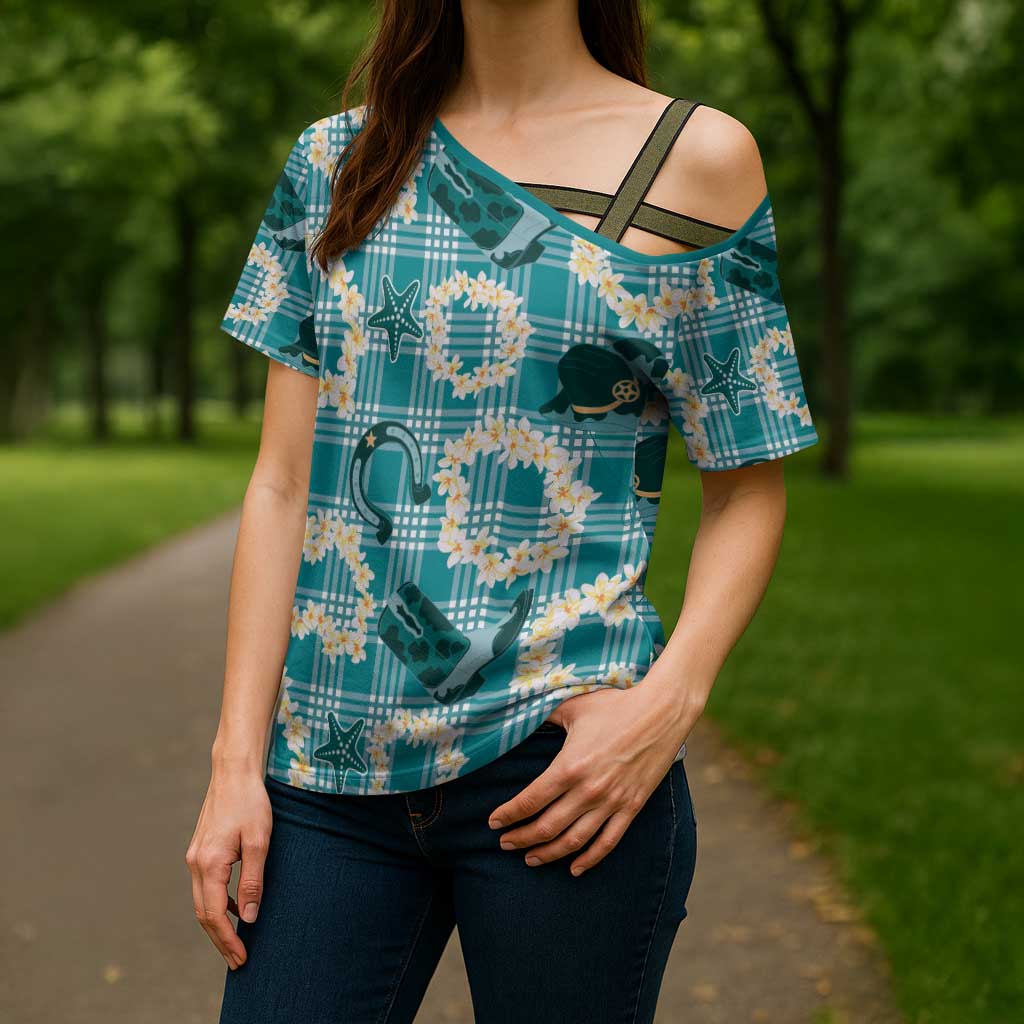 Aloha Hawaii Paniolo Teal Palaka Cross Shoulder Shirt Coastal Rodeo - Polynesian Pride