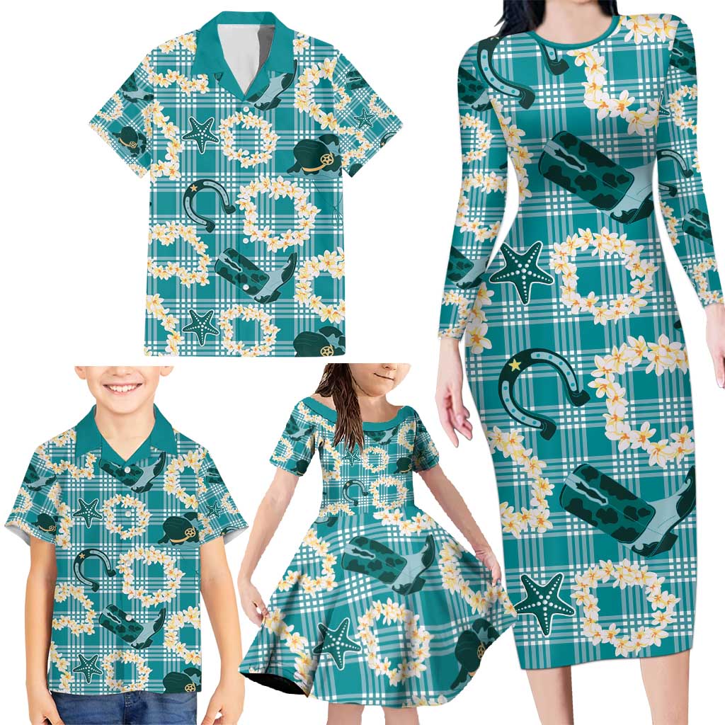 Aloha Hawaii Paniolo Teal Palaka Family Matching Long Sleeve Bodycon Dress and Hawaiian Shirt Coastal Rodeo LT7 - Polynesian Pride